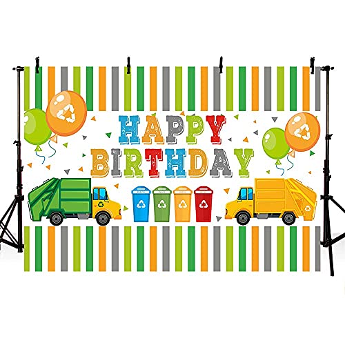 ABLIN 7x5ft Garbage Truck Boys Happy Birthday Backdrop Waste Management Colorful Stripe Green Yellow Rubbish Truck Trash Can Background Party Decorations Cake Table Banner Props, Clear