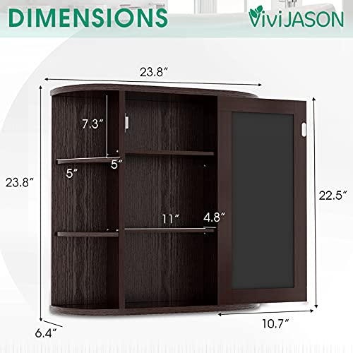 VIVIJASON Bathroom Wall Mounted Cabinet - Over The Toilet Space Saver Storage Cabinet - Medicine Storage Organizer - Bathroom Hanging Cupboard with Mirror Single Door and 2 Adjustable Shelves (Coffee)