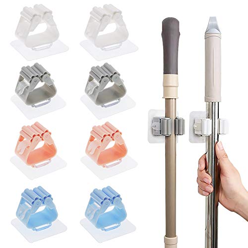 LZYMSZ 8PCS Mop Broom Holder, Self Adhesive Reusable Wall Mounted Storage Rack, 4 Colors No Drilling Broom Gripper Holder for Kitchen Bathroom Garden Laundry Door Wardrobe Garage Toilet