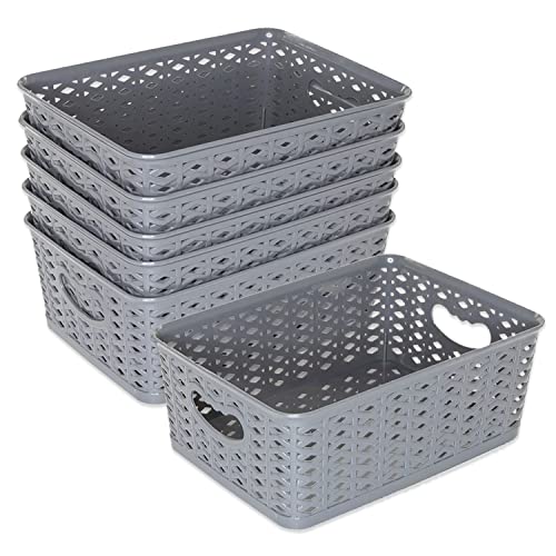 LARQUE 6 Plastic Storage Bins 10.2 x 7.3 x 3.9 inches, Small Weave Organizer Bins with Integrated Handles for Home, Kitchen/Pantry, Craft Room, Bookshelf Organization, and Office (Dark Grey)