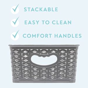 LARQUE 6 Plastic Storage Bins 10.2 x 7.3 x 3.9 inches, Small Weave Organizer Bins with Integrated Handles for Home, Kitchen/Pantry, Craft Room, Bookshelf Organization, and Office (Dark Grey)