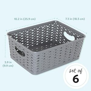 LARQUE 6 Plastic Storage Bins 10.2 x 7.3 x 3.9 inches, Small Weave Organizer Bins with Integrated Handles for Home, Kitchen/Pantry, Craft Room, Bookshelf Organization, and Office (Dark Grey)