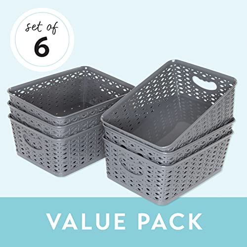 LARQUE 6 Plastic Storage Bins 10.2 x 7.3 x 3.9 inches, Small Weave Organizer Bins with Integrated Handles for Home, Kitchen/Pantry, Craft Room, Bookshelf Organization, and Office (Dark Grey)