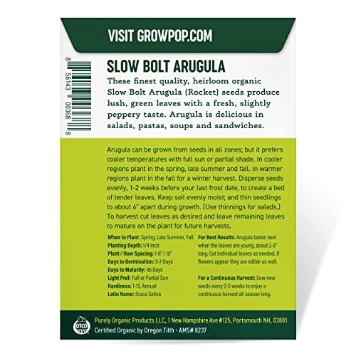 Purely Organic Products Purely Organic Heirloom Arugula Seeds (Slow Bolt) - Approx 500 Seeds