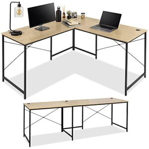 best choice products 94.5in modular l-shaped desk, corner computer workstation, long 2-person study table for home, office w/adjustable legs, 200lb capacity, customizable set up - oak/black
