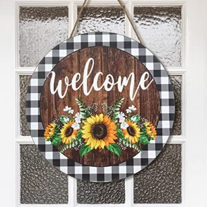 Jetec Sunflower Welcome Hanging Sign Front Door Decor Round Wooden Welcome Sign 12 x 12 Inches Buffalo Plaid Rustic Farmhouse Porch Decoration for Home, Restaurant, Shop