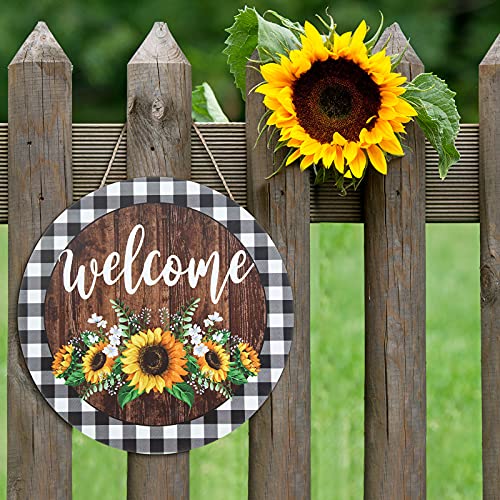 Jetec Sunflower Welcome Hanging Sign Front Door Decor Round Wooden Welcome Sign 12 x 12 Inches Buffalo Plaid Rustic Farmhouse Porch Decoration for Home, Restaurant, Shop