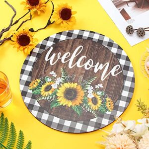 Jetec Sunflower Welcome Hanging Sign Front Door Decor Round Wooden Welcome Sign 12 x 12 Inches Buffalo Plaid Rustic Farmhouse Porch Decoration for Home, Restaurant, Shop