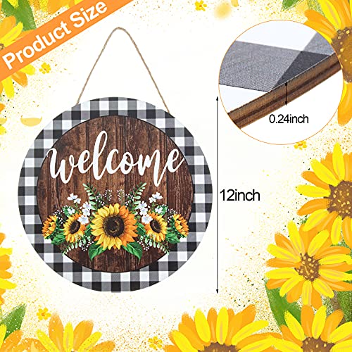 Jetec Sunflower Welcome Hanging Sign Front Door Decor Round Wooden Welcome Sign 12 x 12 Inches Buffalo Plaid Rustic Farmhouse Porch Decoration for Home, Restaurant, Shop