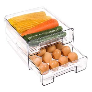elabo 32 grid large capacity egg holder for refrigerator, double layer drawer type, multifunctional storage drawer food container organizer, bpa-free, clear, with removable egg and drain tray
