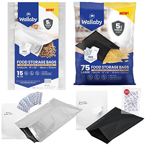 15x Silver 5 Gallon Wallaby Mylar Bag - (5 Mil) and 75 Wallaby Mylar Bags - Bundle - 1 Gallon - Matte Black (5 Mil - 10’’x14’’), Oxygen Absorbers, Labels - Resealable Zipper, Heat Seal, FDA Grade