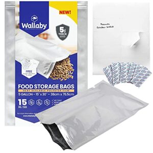 15x Silver 5 Gallon Wallaby Mylar Bag - (5 Mil) and 75 Wallaby Mylar Bags - Bundle - 1 Gallon - Matte Black (5 Mil - 10’’x14’’), Oxygen Absorbers, Labels - Resealable Zipper, Heat Seal, FDA Grade