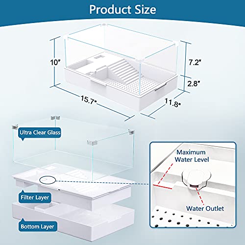 AMOSIJOY Glass Turtle Tank Aquarium Reptile Tortoise Habitat Turtle Basking Platform with Pump, Filter and Filter Layer Design, Prevent from Escaping (Small)