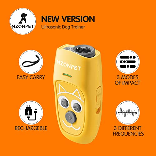 nzonpet Anti Barking Device, Ultrasonic 3 in 1 Dog Barking Deterrent Devices, 3 Frequency Dog Training and Bark Control 16.4Ft Range Rechargeable with LED Light and Wrist Strap Yellow