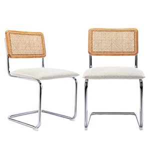 ONEVOG Rattan Dining Chairs with Cane Backrest, Upholstered Comfy Sturdy Side Chair for Leisure, Bedroom, Kitchen, Living Room, Enterway, Set of 2 (Beige)