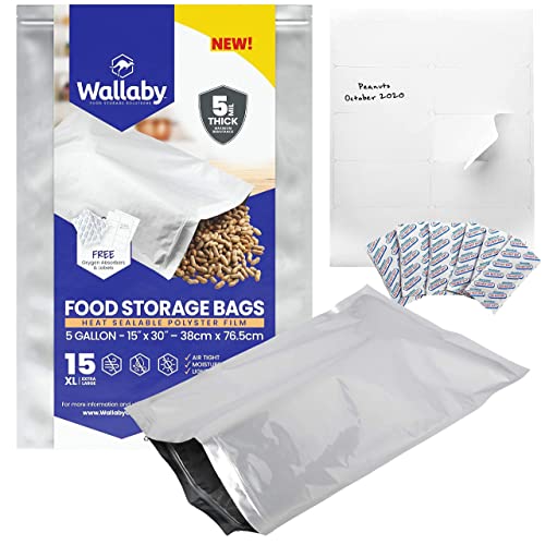15x Silver 5 Gallon Wallaby Mylar Bag - (5 Mil) + 60 Mylar Bag Bundle - 1 Gallon Stand-Up Zipper Pouches - (7.5 Mil-10’’x14’’), Oxygen Absorbers, Labels - Resealable Zipper, Heat Seal, FDA Grade