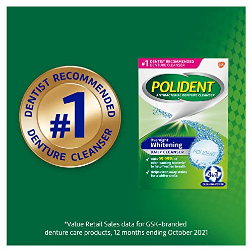 Polident Overnight Whitening Denture Cleaner Tablets, Effervescent Denture Cleanser Tablets - 84 Count (Pack of 3)