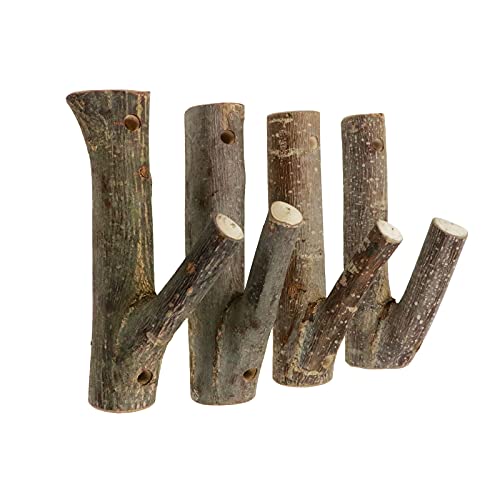 HONJIE 4Pcs Real Wood Tree Branch Wall Hook, Farmhouse Rustic Decorative Wooden with Bark Trunk Thickness 2cm-3cm with Screw