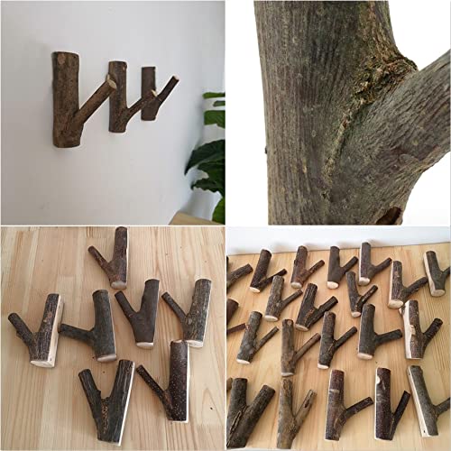 HONJIE 4Pcs Real Wood Tree Branch Wall Hook, Farmhouse Rustic Decorative Wooden with Bark Trunk Thickness 2cm-3cm with Screw