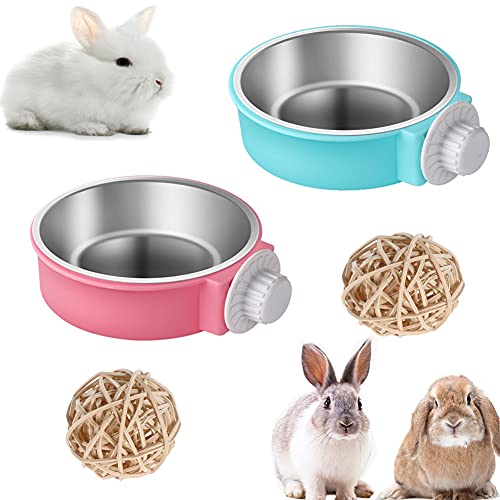 Rabbit Bowls Set, Big Pet Bunny Food Bowls Small Animals Cage Bowl and Stainless Steel Hanging Water Food Feeder Bowls for Big Bunny Food Dish