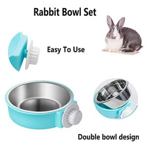 Rabbit Bowls Set, Big Pet Bunny Food Bowls Small Animals Cage Bowl and Stainless Steel Hanging Water Food Feeder Bowls for Big Bunny Food Dish