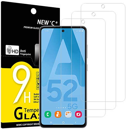 NEW'C Pack of 3, Glass Screen Protector for Samsung Galaxy A52, A52 5G, A52S 5G, Tempered Glass Anti-Scratch, Anti-Fingerprints, Bubble-Free, 9H Hardness, 0.33mm Ultra Transparent, Ultra Resistant