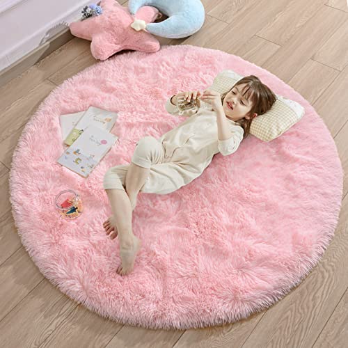 Merelax Pink Round Rug for Girls Room, 4'x4' Fluffy Circle Rugs for Teen Girls Princess Castle Cute Nursery Rug for Kids Room, Furry Shaggy Rug for Dorm Bedroom, Fuzzy Plush Circular Carpet for Baby