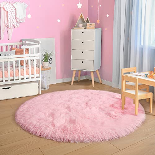 Merelax Pink Round Rug for Girls Room, 4'x4' Fluffy Circle Rugs for Teen Girls Princess Castle Cute Nursery Rug for Kids Room, Furry Shaggy Rug for Dorm Bedroom, Fuzzy Plush Circular Carpet for Baby