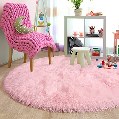 Merelax Pink Round Rug for Girls Room, 4'x4' Fluffy Circle Rugs for Teen Girls Princess Castle Cute Nursery Rug for Kids Room, Furry Shaggy Rug for Dorm Bedroom, Fuzzy Plush Circular Carpet for Baby