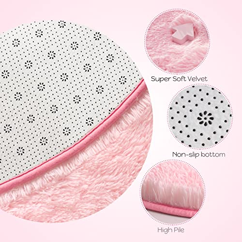 Merelax Pink Round Rug for Girls Room, 4'x4' Fluffy Circle Rugs for Teen Girls Princess Castle Cute Nursery Rug for Kids Room, Furry Shaggy Rug for Dorm Bedroom, Fuzzy Plush Circular Carpet for Baby