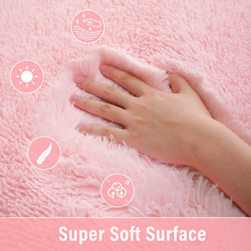 Merelax Pink Round Rug for Girls Room, 4'x4' Fluffy Circle Rugs for Teen Girls Princess Castle Cute Nursery Rug for Kids Room, Furry Shaggy Rug for Dorm Bedroom, Fuzzy Plush Circular Carpet for Baby