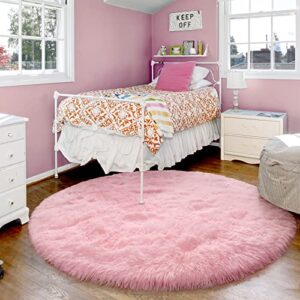 Merelax Pink Round Rug for Girls Room, 4'x4' Fluffy Circle Rugs for Teen Girls Princess Castle Cute Nursery Rug for Kids Room, Furry Shaggy Rug for Dorm Bedroom, Fuzzy Plush Circular Carpet for Baby