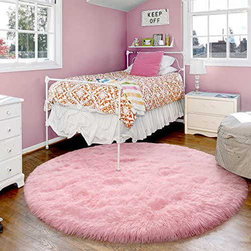 Merelax Pink Round Rug for Girls Room, 4'x4' Fluffy Circle Rugs for Teen Girls Princess Castle Cute Nursery Rug for Kids Room, Furry Shaggy Rug for Dorm Bedroom, Fuzzy Plush Circular Carpet for Baby