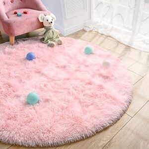 Merelax Pink Round Rug for Girls Room, 4'x4' Fluffy Circle Rugs for Teen Girls Princess Castle Cute Nursery Rug for Kids Room, Furry Shaggy Rug for Dorm Bedroom, Fuzzy Plush Circular Carpet for Baby