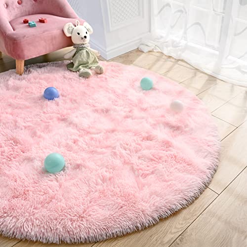 Merelax Pink Round Rug for Girls Room, 4'x4' Fluffy Circle Rugs for Teen Girls Princess Castle Cute Nursery Rug for Kids Room, Furry Shaggy Rug for Dorm Bedroom, Fuzzy Plush Circular Carpet for Baby