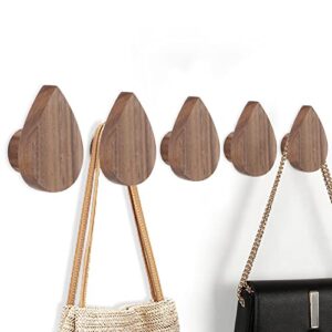 Wall Hooks Wood, Water Droplets Walnut Wood Wall Hooks for Coats, 5PCS Modern Wood Hooks for Wall Robe Hooks Entryway Wall Hangers, Heavy Duty Hooks for Bedroom Living Room