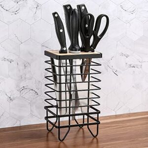 LINFIDITE Knife Block Holder Universal Kitchen Knife Organizer Storage Stand 8 Slots Top Hollow Iron Wire Safe to Use Different Size Shape Knife Sharpeners Scissors Kitchen Countertop Black