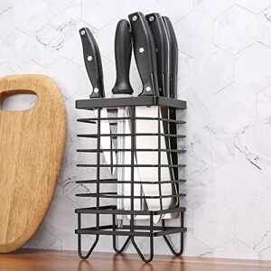 LINFIDITE Knife Block Holder Universal Kitchen Knife Organizer Storage Stand 8 Slots Top Hollow Iron Wire Safe to Use Different Size Shape Knife Sharpeners Scissors Kitchen Countertop Black