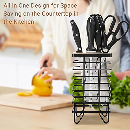 LINFIDITE Knife Block Holder Universal Kitchen Knife Organizer Storage Stand 8 Slots Top Hollow Iron Wire Safe to Use Different Size Shape Knife Sharpeners Scissors Kitchen Countertop Black