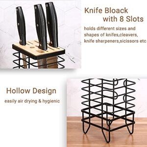 LINFIDITE Knife Block Holder Universal Kitchen Knife Organizer Storage Stand 8 Slots Top Hollow Iron Wire Safe to Use Different Size Shape Knife Sharpeners Scissors Kitchen Countertop Black