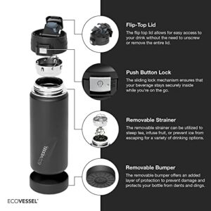 EcoVessel PERK Trimax Vacuum Insulated Stainless Steel Travel Bottle for Coffee & Tea with Push Button Locking Top – 16oz (White Out)