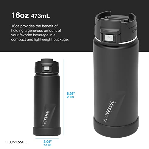 EcoVessel PERK Trimax Vacuum Insulated Stainless Steel Travel Bottle for Coffee & Tea with Push Button Locking Top – 16oz (White Out)