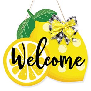 huray rayho lemon welcome door sign summer farmhouse wooden front door hanger, 13.7''x12.5'' fresh lemon with yellow black white buffalo plaid bowknot, summer gift ideas for parents, friends, teachers