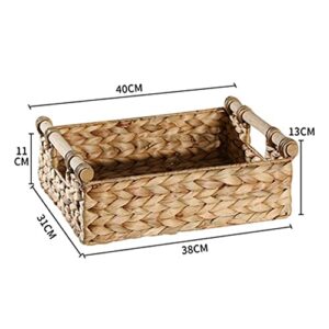 UXZDX Straw Storage Baskets with Wooden Handles, Rectangular Storage Baskets, Woven Storage Baskets for Coffee Table Cabinets