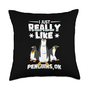 penguin merch co i just really like penguins ok funny arctic bird lovers throw pillow, 18x18, multicolor