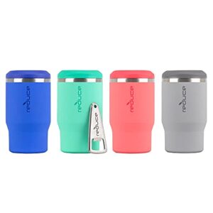 reduce 4-in-1 stainless steel bottle and can insulator - keeps bottles, cans, skinny cans and mixed drinks cold - sweat-free, perfect for outdoor drinking - 4pk - blue, green, pink & gray