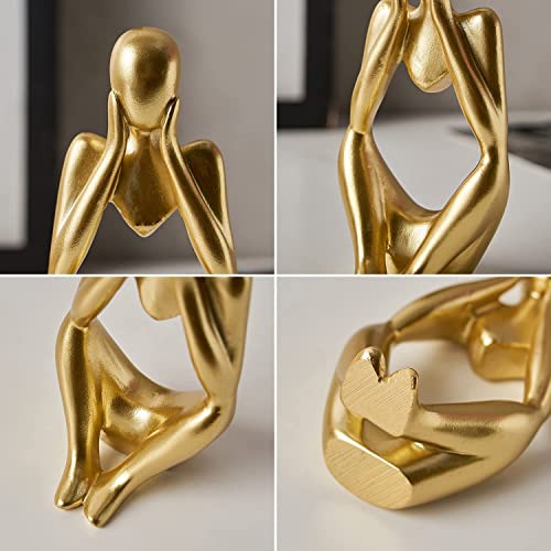 FJS Gold Decor Thinker Statue Abstract Art Sculpture, Set of 3 Golden Resin Collectible Figurines for Home Living Room Office Shelf Decoration