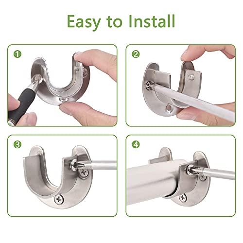 Heavy Duty Stainless Steel Closet Rod End Supports, 4 Packs Curtain Rod Brackets, Shower Rod Holder,Closet Pole Sockets Flange Rod Holder with Screws,for Easy Installation& Removal ,Silver (U-Shaped)