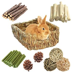 hamiledyi rabbit grass bed for bunny, 21 pcs rabbit chew toys for teeth grinding sweet bamboo timothy stick woven grass ball pine cone natural straw bedding for guinea pig hamster chinchilla