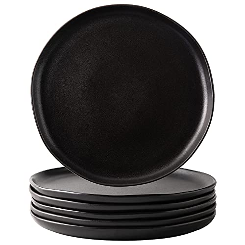 AmorArc Ceramic Dinner Plates Set of 6, Wavy Rim 10.5 Inch Stoneware Dish Set, Large Dinnerware Plates for Kitchen-Microwave&Dishwasher Safe, Scratch Resistant-Reactive Glaze Matte Black